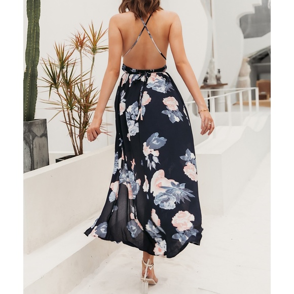 Navy Blue Floral Backless Lace Up Wrap Maxi Dress - Picture 2 of 11